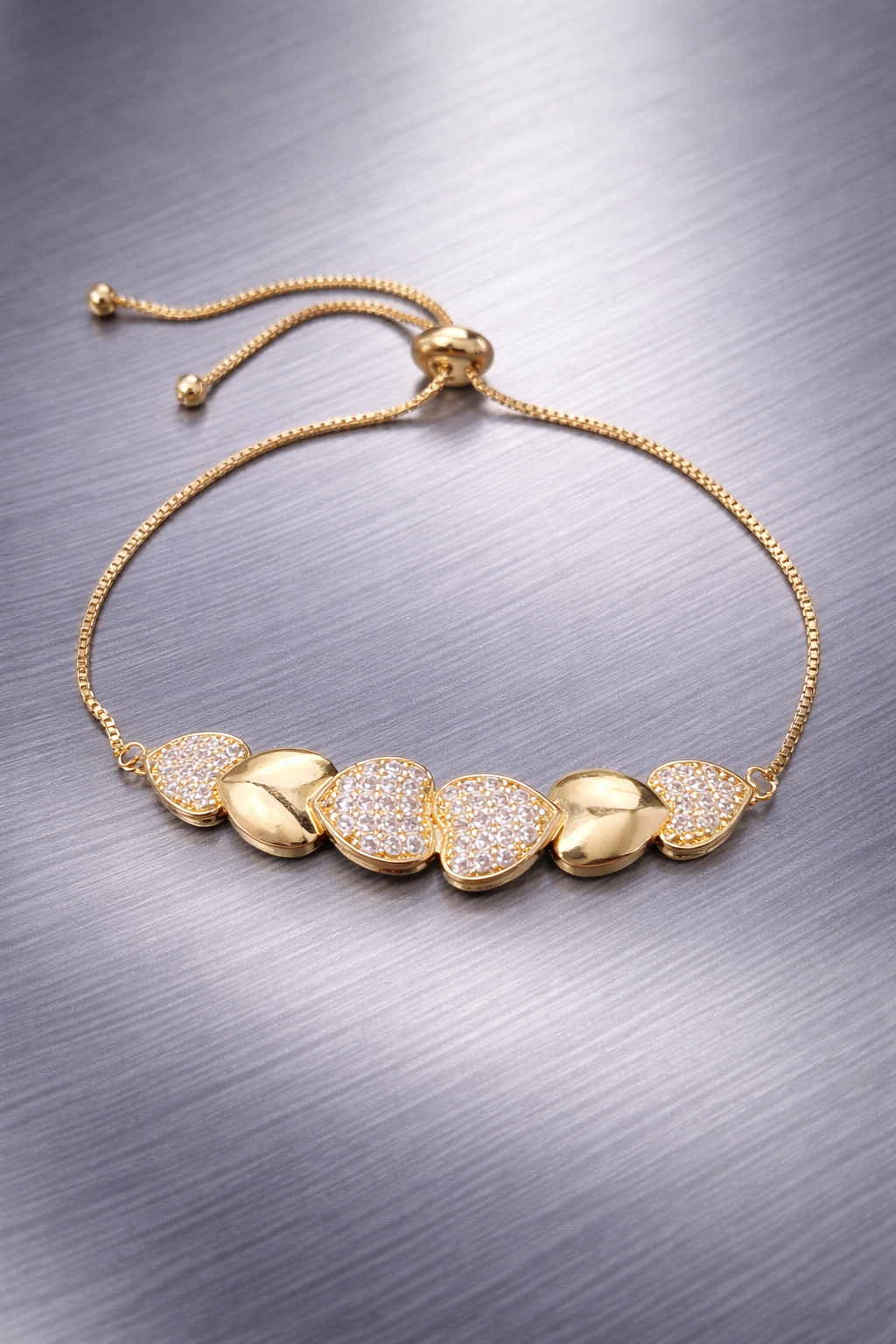 Gold Heart Cubic Zirconia Adjustable Bracelet
