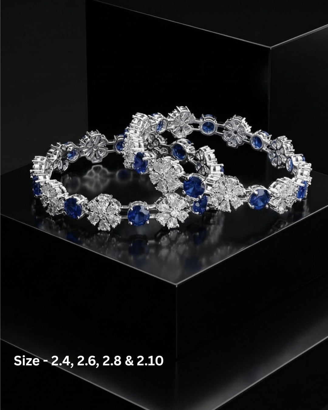 Rhodium Plated Blue Color Circle and Flower Zircon Stone Bangle (Set of 2) | Premium Quality | American Diamond | Party wear | TE-ADB-2212-007