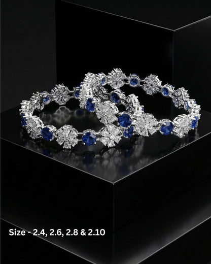 Rhodium Plated Blue Color Circle and Flower Zircon Stone Bangle (Set of 2) | Premium Quality | American Diamond | Party wear | TE-ADB-2212-007