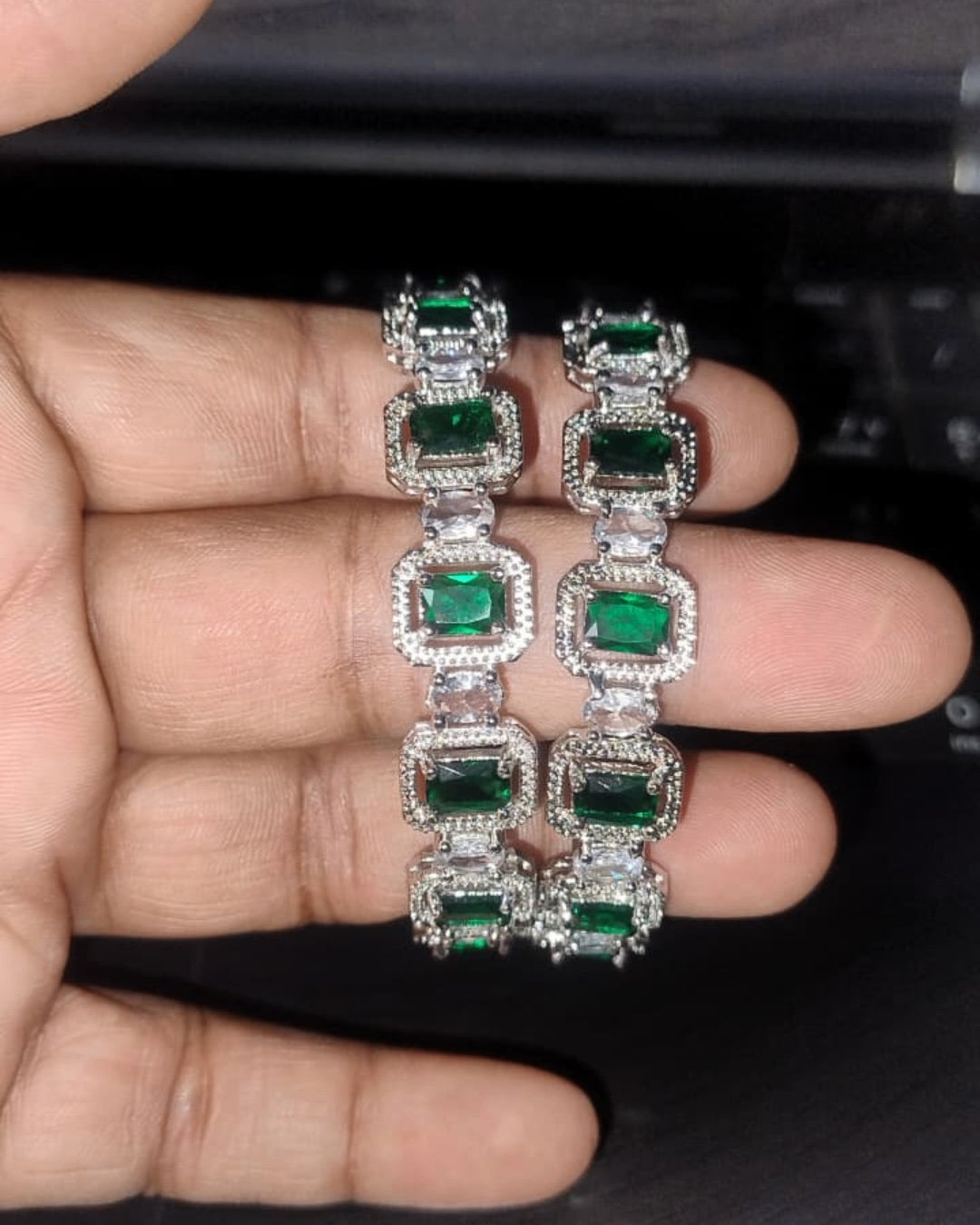 Luxury Emerald-Cut Green and White Stone Bangle(Set of 2) | American Diamond | Premium Quality