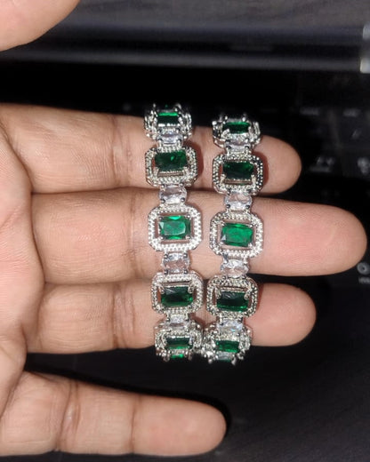Luxury Emerald-Cut Green and White Stone Bangle(Set of 2) | American Diamond | Premium Quality