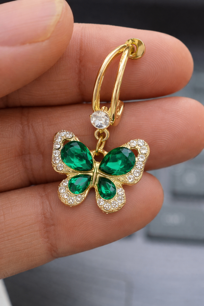 Elegant Butterfly Drop Earrings with Green & white Stones