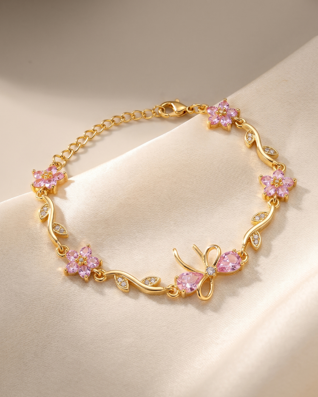 Gold Plated Pink Floral Stone Bracelet with Leaf Design | Premium Quality | Cubic Zirconia