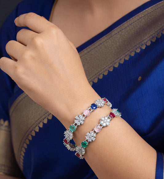 Rhodium Plated Multi Color Circle and Flower Zircon Stone Bangle (Set of 2) | Premium Quality | American Diamond | Party wear | TE-ADB-2212-001