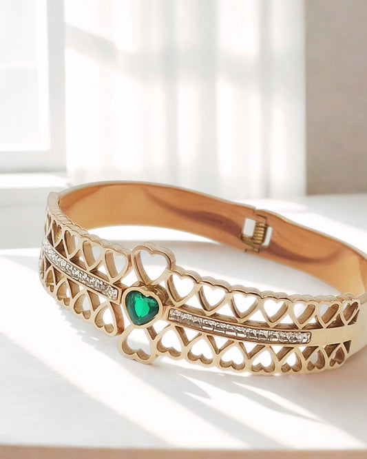 Elegant Heart Pattern Rose Gold Kada Bracelet with Green Stone | Stainless Steel Gold Plated | Women Anti-tarnish bracelet | Kada Bracelet | TE/GPK/2511/010
