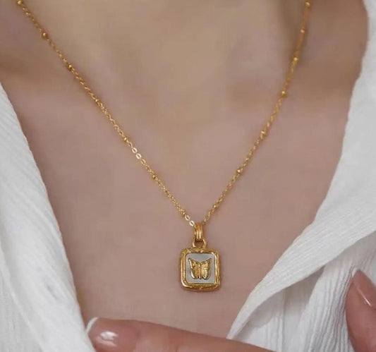Butterfly Square Pendant Necklace | Stainless Steel Gold Plated | Anti-tarnish Necklace | Daily wear | TE-GPC-0511-012