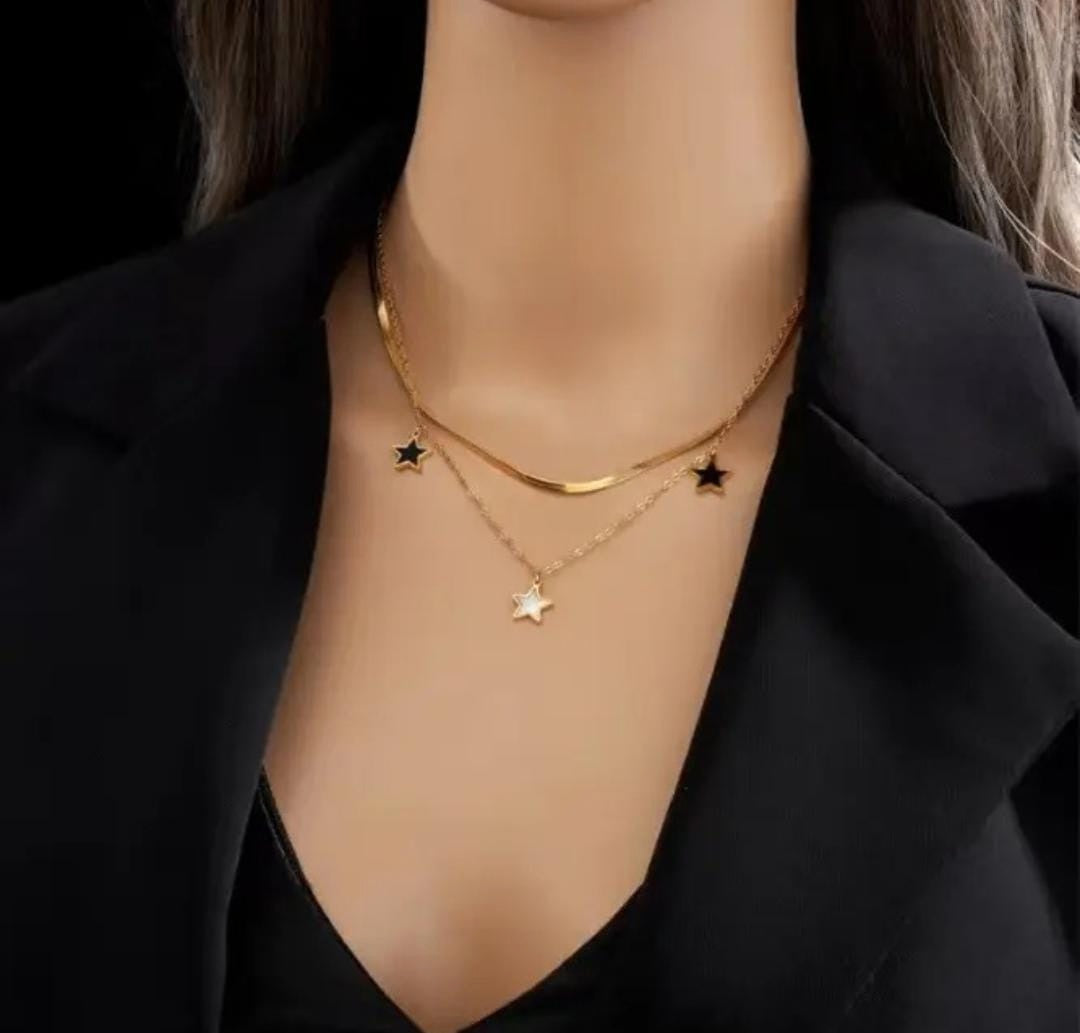 Double Layer Star Pendant Necklace | Stainless Steel Gold Plated | Anti-tarnish Necklace | Daily wear | TE-GPC-0511-020