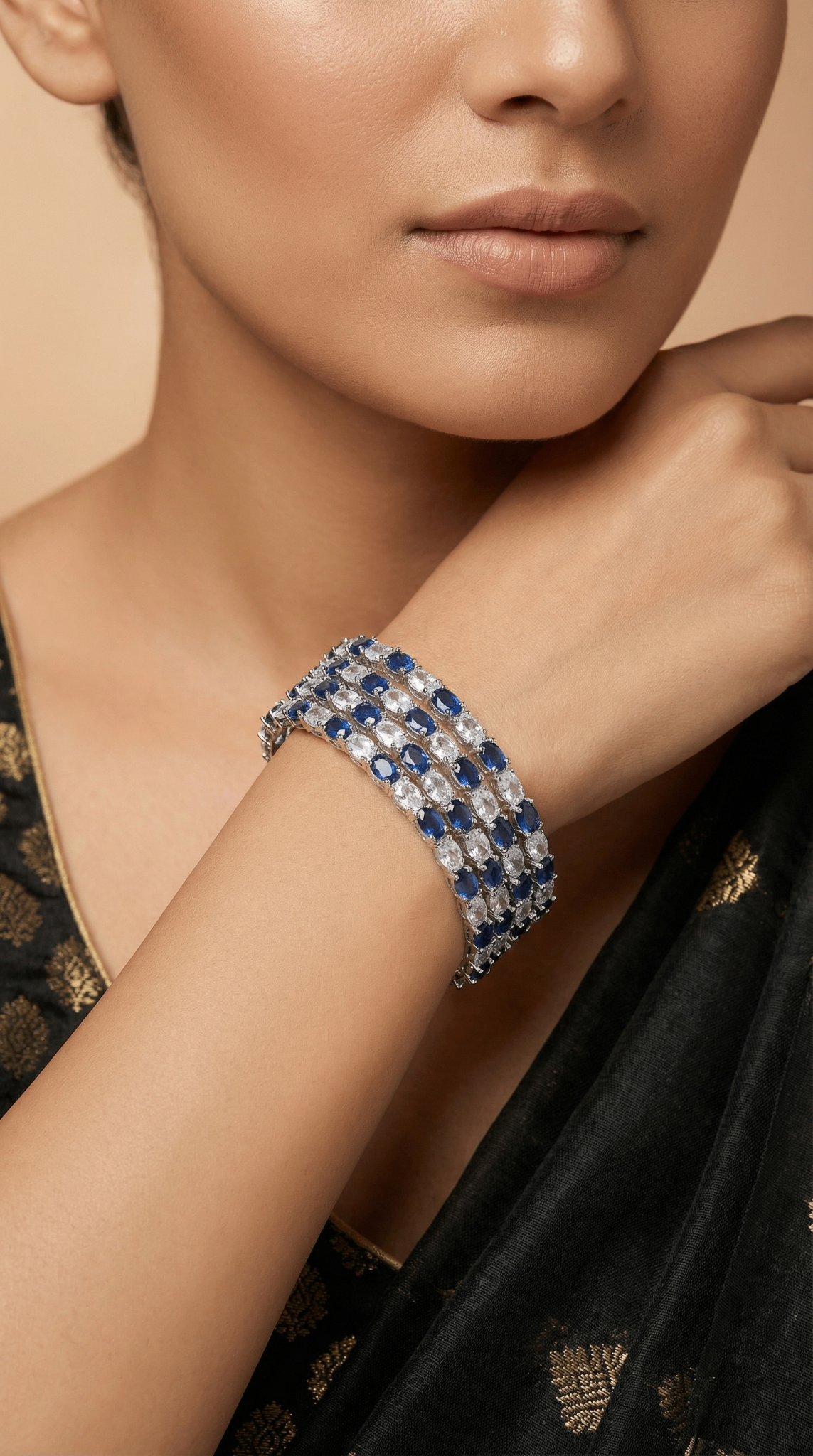 Rhodium Plated Blue Sapphire Cubic Zirconia Bangle Set of 4 | American Diamond