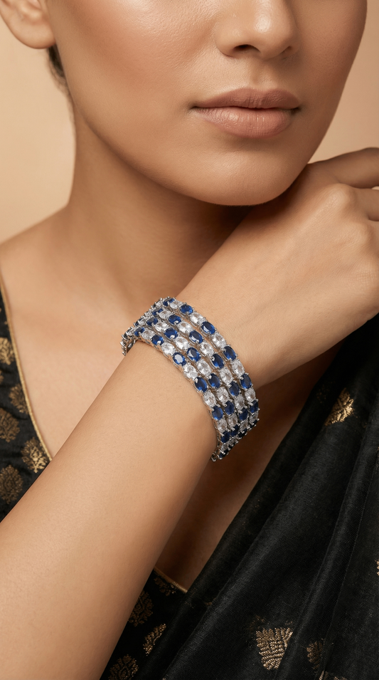 Rhodium Plated Blue Sapphire Cubic Zirconia Bangle Set of 4 | American Diamond
