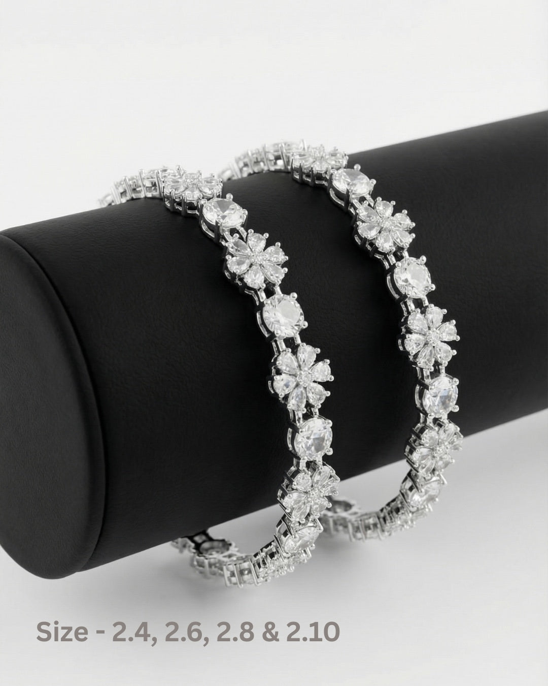 Rhodium Plated White Color Circle and Flower Zircon Stone Bangle (Set of 2) | Premium Quality | American Diamond | Party wear | TE-ADB-2212-008