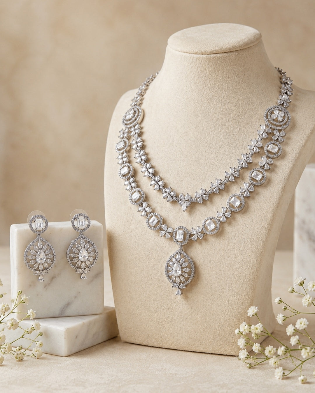 Celeste Double Layer AD Necklace & Earrings Set | Premium Quality | American Diamond | Party wear