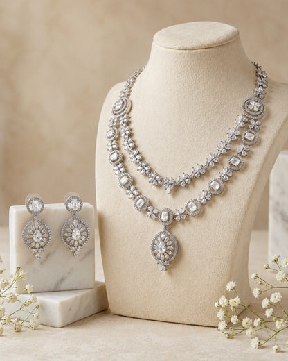 Celeste Double Layer AD Necklace & Earrings Set | Premium Quality | American Diamond | Party wear