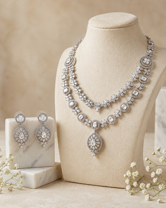 Celeste Double Layer AD Necklace & Earrings Set | Premium Quality | American Diamond | Party wear