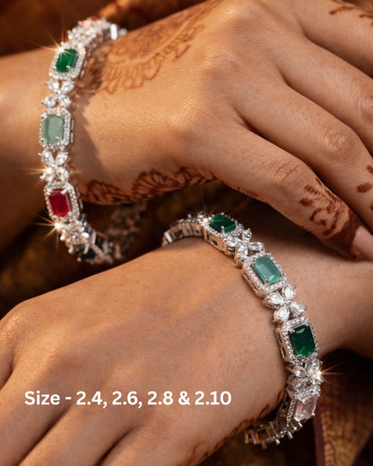 Rhodium Plated Multicolor Rectangle and Flower Zircon Stone Bangle (Set of 2)| Premium Quality | American Diamond | Party wear | TE-ADB-2212-012