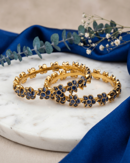 Midnight Sapphire Blue Floral Bangles (Set of 2) | Premium Quality | American Diamond | Party wear