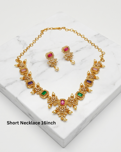 Premium Gold-Tone Multicolor Stone Necklace Set with Pearl Drop Earrings