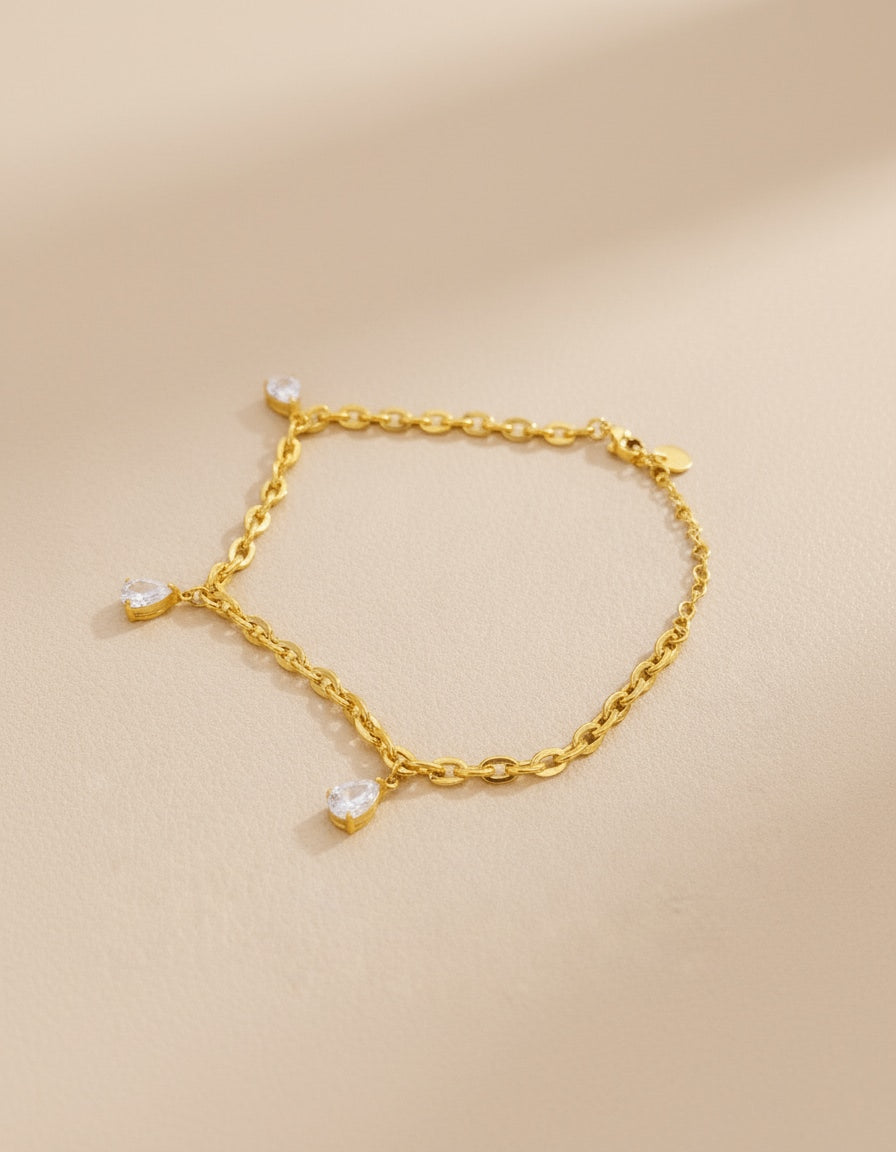 Gold Finish Charm Anklet with 3 Pear Stone Drops 1No. | Quantity – 1No. (Not pair) | Premium Quality | Daily wear | TE-ANK-2912-001