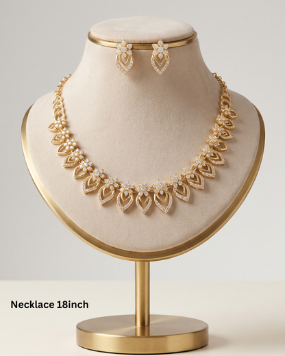 Premium Gold-Tone CZ Leaf Motif Necklace Set with Matching Earrings