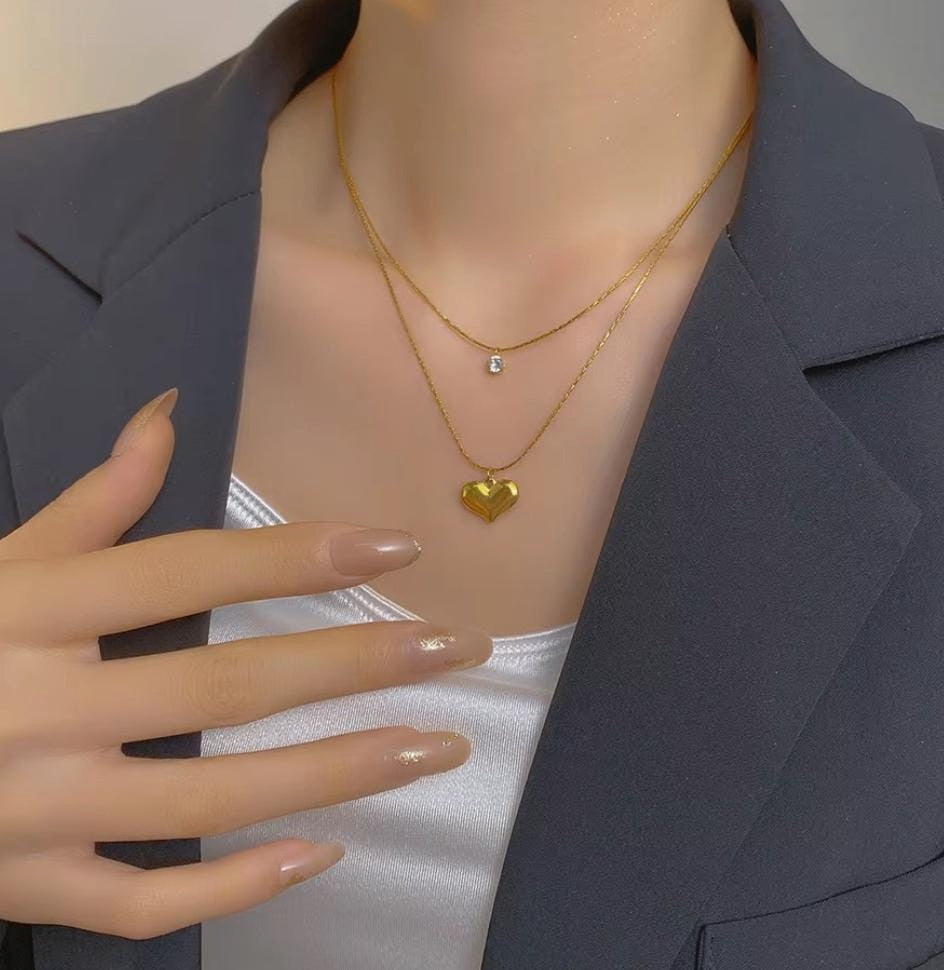 Two layer heart and stone necklace | Stainless Steel Gold Plated | Anti-tarnish Necklace | Daily wear | TE-GPC-0511-027