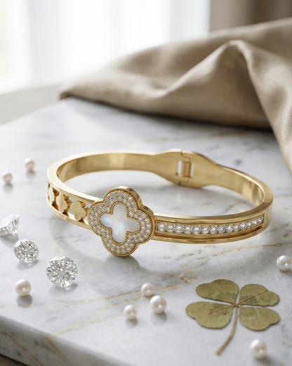 Golden Clover Luxe Zircon Bracelet | Stainless Steel Gold Plated | Women Anti-tarnish bracelet | Kada Bracelet