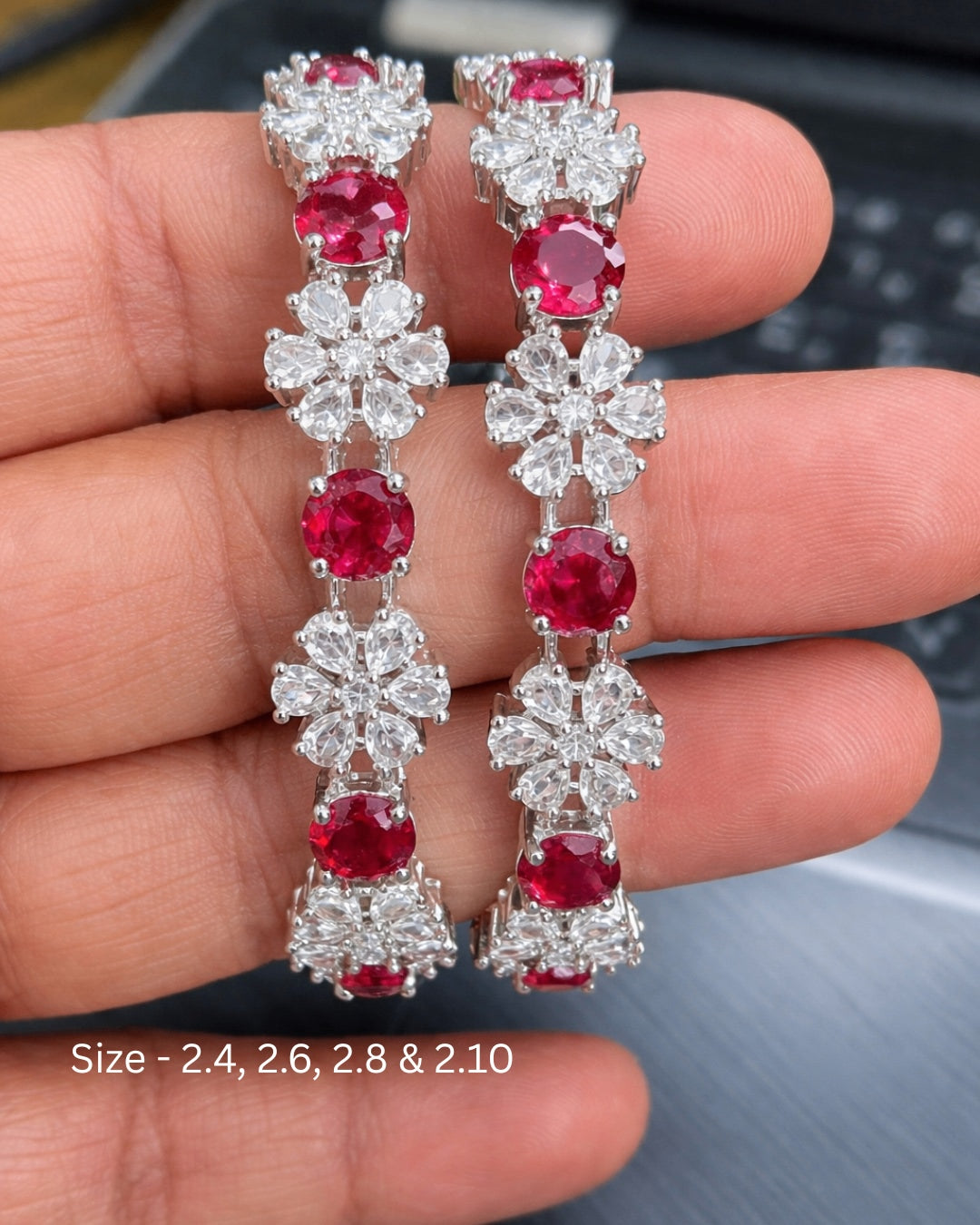 Rhodium Plated Ruby Red Circle and Flower Zircon Stone Bangle (Set of 2) | Premium Quality | American Diamond | Party wear | TE-ADB-2212-005
