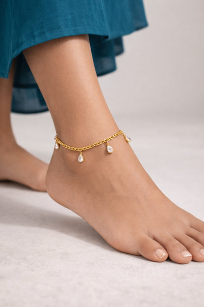 Gold Finish Charm Anklet with 3 Pear Stone Drops 1No. | Quantity – 1No. (Not pair) | Premium Quality | Daily wear | TE-ANK-2912-001