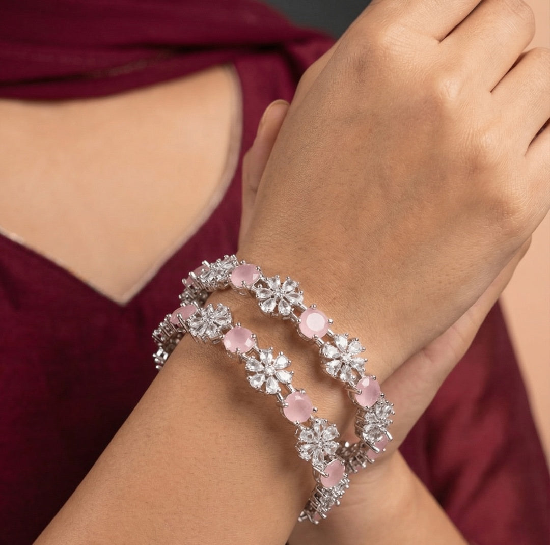 Rhodium Plated Pink Color Circle and Flower Zircon Stone Bangle (Set of 2) | Premium Quality | American Diamond | Party wear | TE-ADB-2212-006