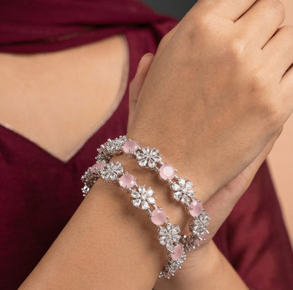 Rhodium Plated Pink Color Circle and Flower Zircon Stone Bangle (Set of 2) | Premium Quality | American Diamond | Party wear | TE-ADB-2212-006