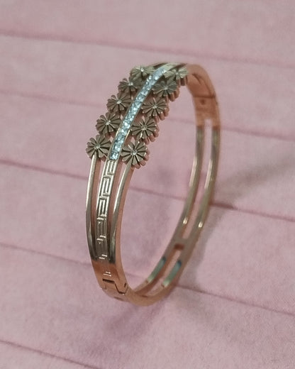 Brown Gold Finish Floral Zircon Elegance Bracelet | Stainless Steel Gold Plated | Women Anti-tarnish bracelet | Kada Bracelet