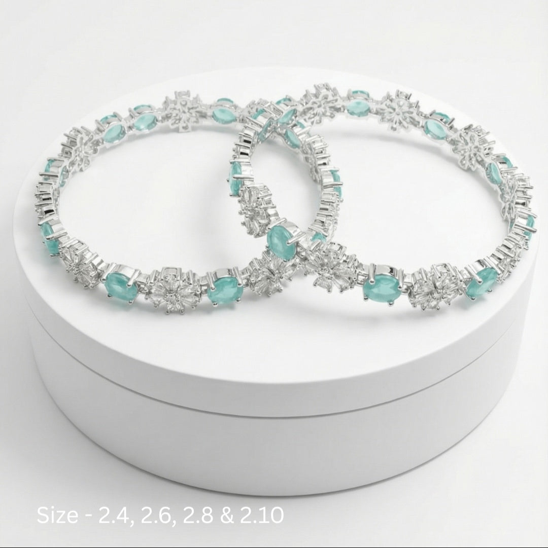 Rhodium Plated Pastel Green Circle and Flower Zircon Stone Bangle (Set of 2) | Premium Quality | American Diamond | Party wear | TE-ADB-2212-003