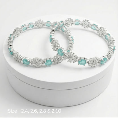 Rhodium Plated Pastel Green Circle and Flower Zircon Stone Bangle (Set of 2) | Premium Quality | American Diamond | Party wear | TE-ADB-2212-003