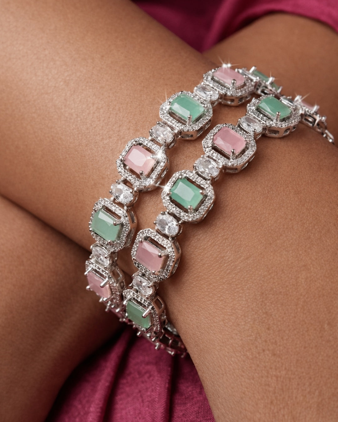 Pastel Green and Pink Emerald-Cut Crystal Silver Bangle Set for Women | American Diamond