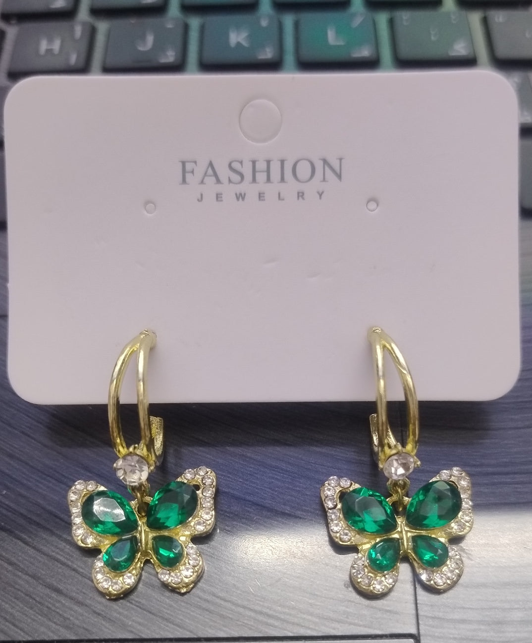 Elegant Butterfly Drop Earrings with Green & white Stones