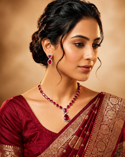 Classic Red AD Stone Necklace & Earring Set | Premium Quality | American Diamond | Party wear