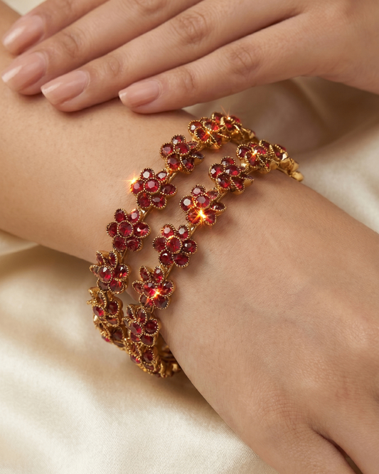 Ruby Bloom Floral Bangles (Set of 2) Premium Quality | American Diamond | Party wear