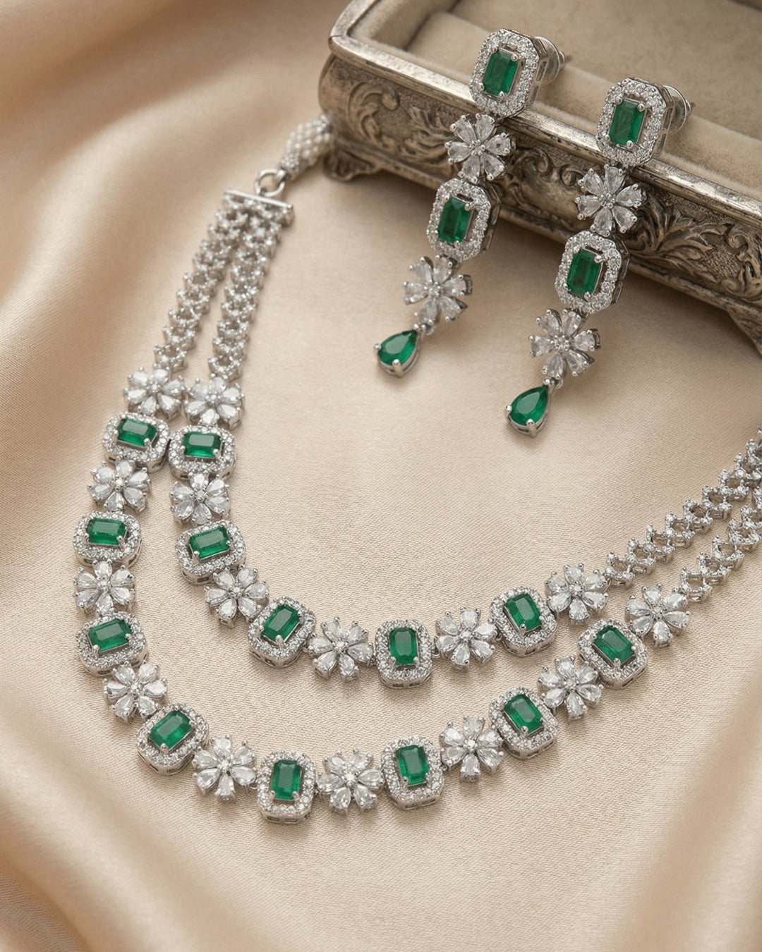 Emerald Diamond 2 Layer Necklace Set with Long Earrings | Premium Quality | American Diamond | Party wear | TE-ADNE-2212-005