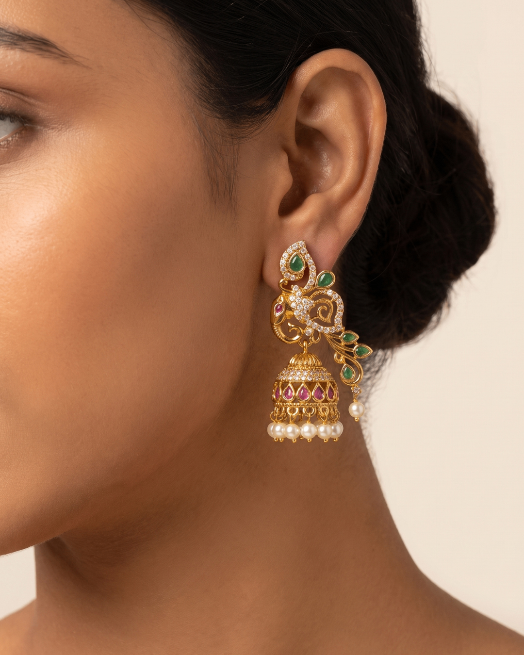 Heritage Elephant Design Pearl Jhumka Earrings - Matte Finish