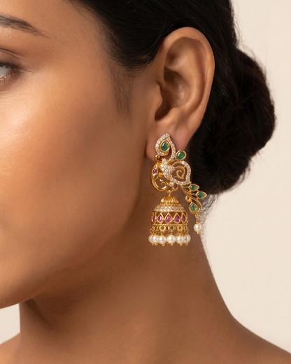 Heritage Elephant Design Pearl Jhumka Earrings - Matte Finish