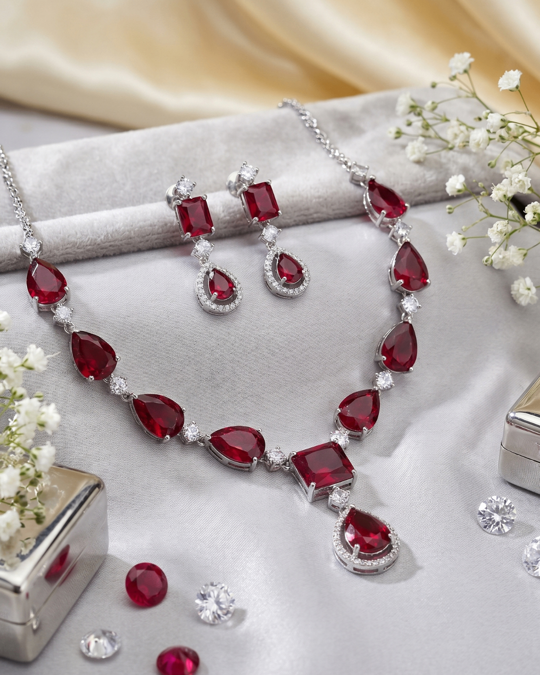 Ruby Red Teardrop Crystal Necklace Set with Earrings | Premium Quality | American Diamond | Party wear