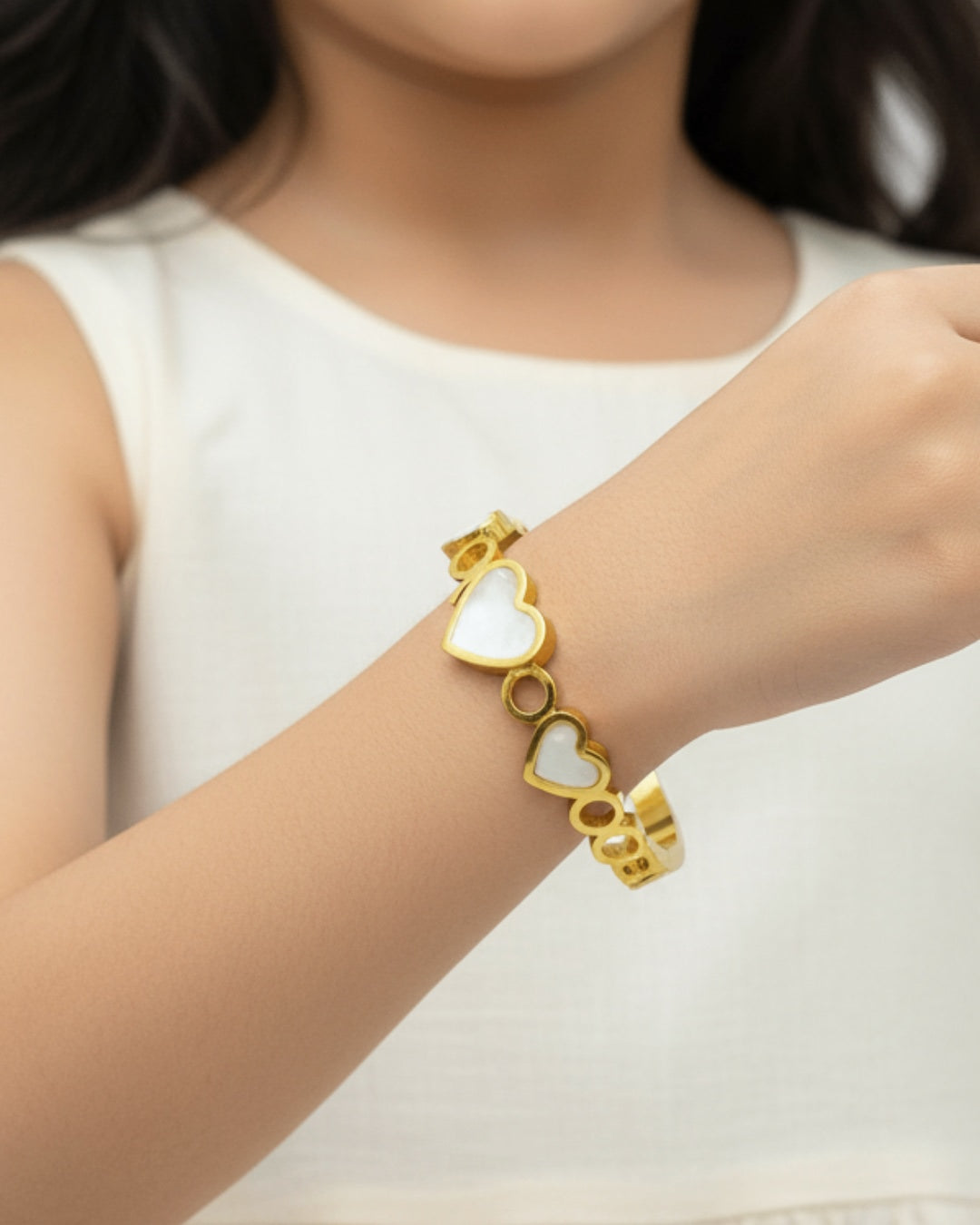 Heart Design with White Inlay Bracelet | Premium Quality | Elegant Kids Jewelry | Stainless Steel Gold Plated | Anti-tarnish | Daily wear | TE-GPKB-2311-010