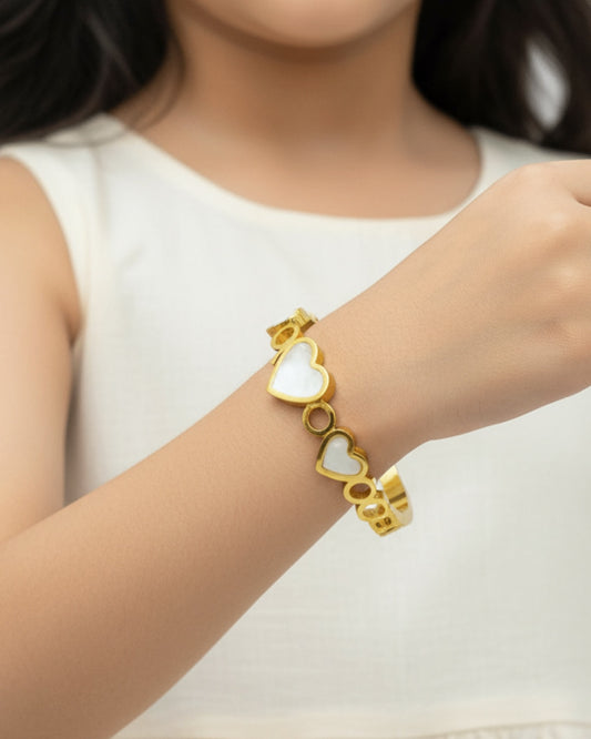 Heart Design with White Inlay Bracelet | Premium Quality | Elegant Kids Jewelry | Stainless Steel Gold Plated | Anti-tarnish | Daily wear | TE-GPKB-2311-010