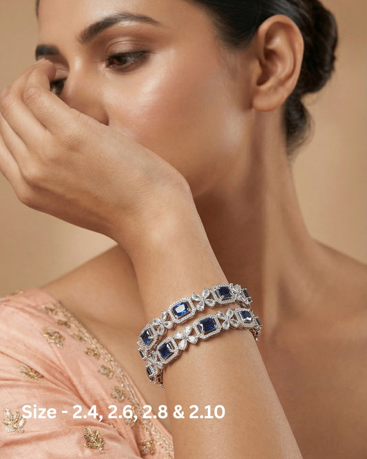 Rhodium Plated Sapphire blue Color Rectangle and Flower Zircon Stone Bangle (Set of 2) | Premium Quality | American Diamond | Party wear | TE-ADB-2212-011