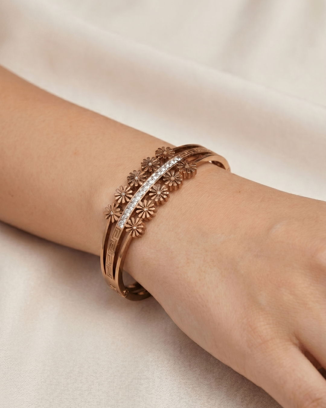 Brown Gold Finish Floral Zircon Elegance Bracelet | Stainless Steel Gold Plated | Women Anti-tarnish bracelet | Kada Bracelet