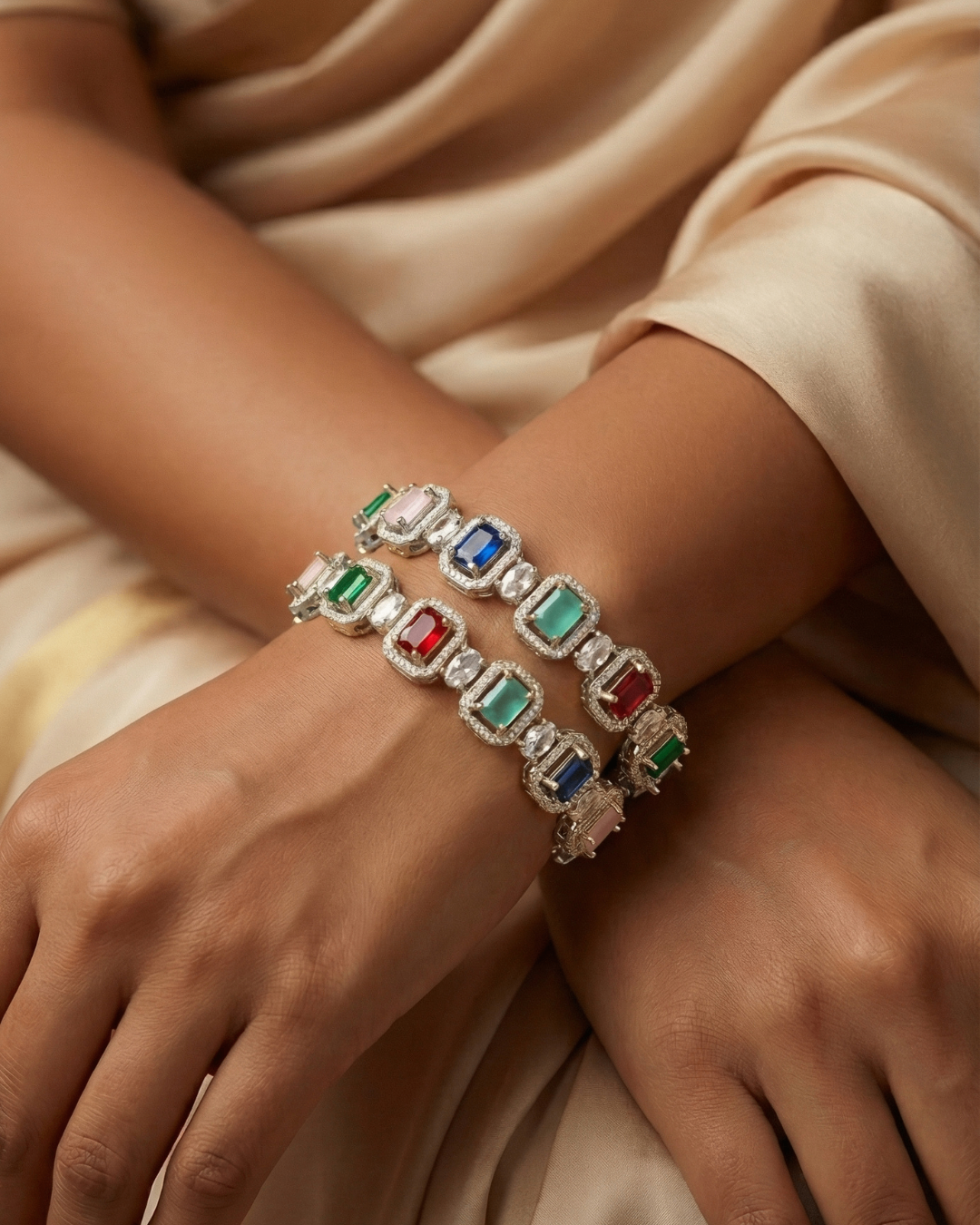 Luxury Emerald-Cut Multicolor Stone Bangle | American Diamond