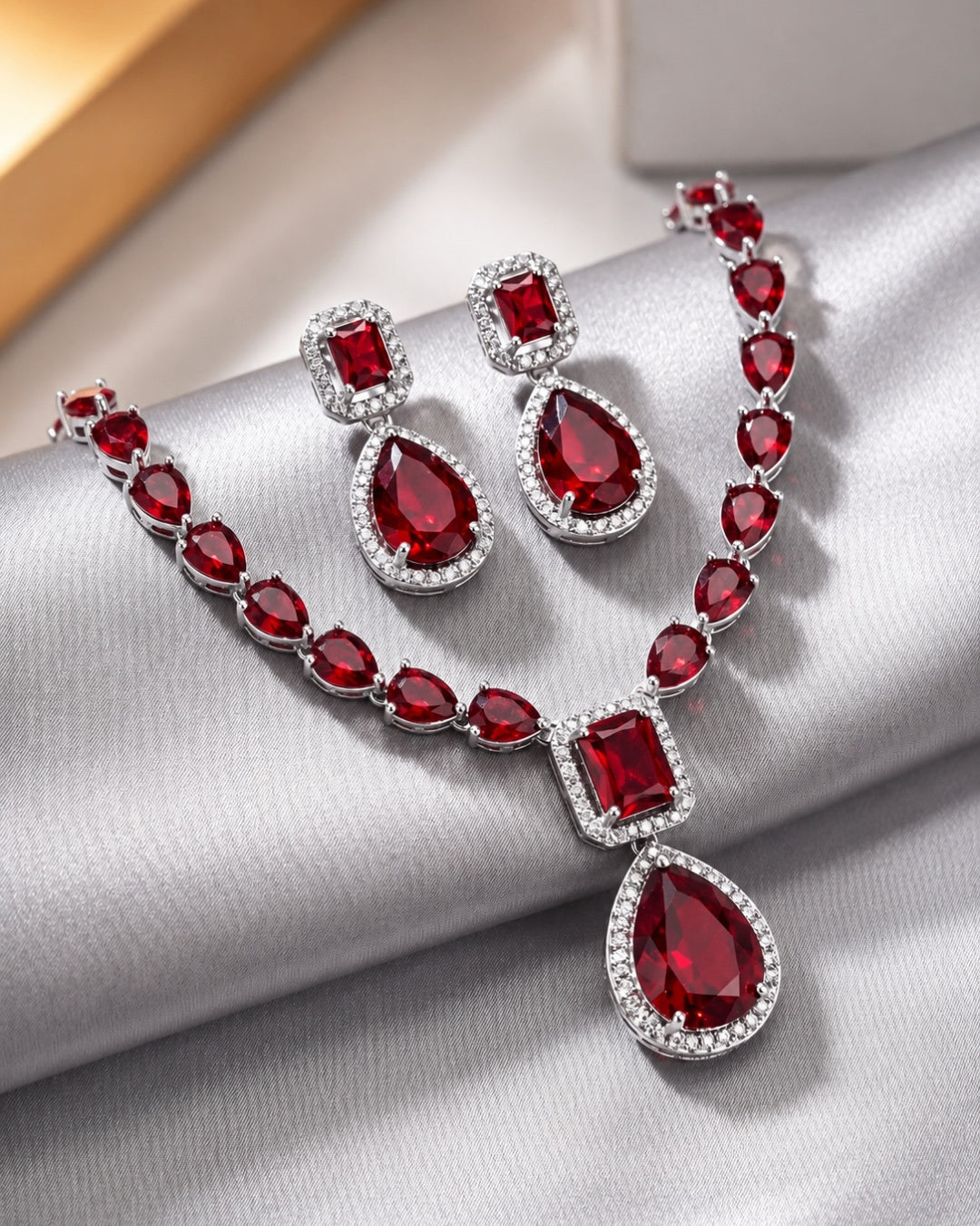Classic Red AD Stone Necklace & Earring Set | Premium Quality | American Diamond | Party wear