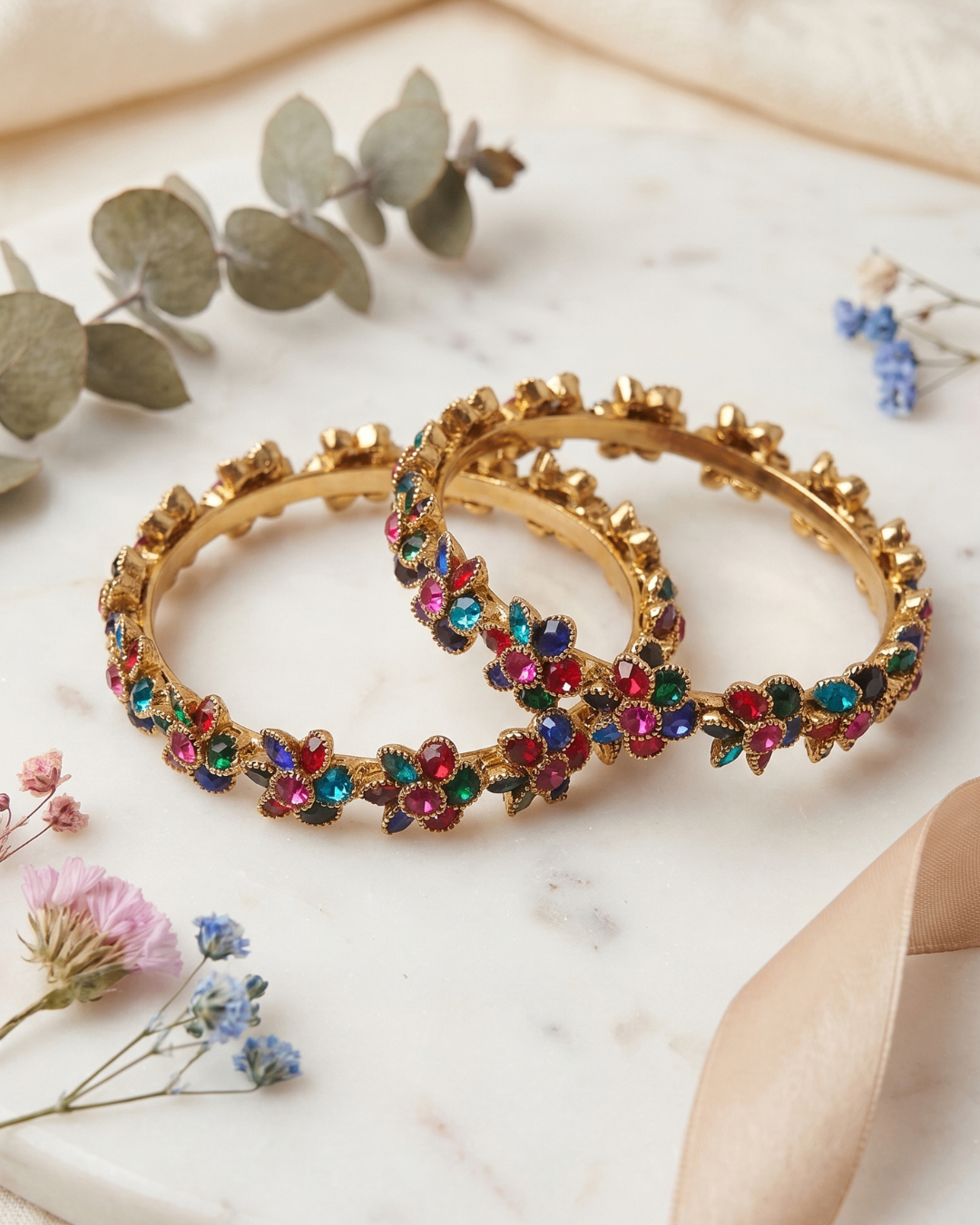 Rainbow Bloom Floral Bangles (Set of 2) | Premium Quality | American Diamond | Party wear