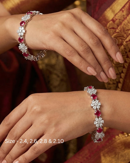 Rhodium Plated Ruby Red Circle and Flower Zircon Stone Bangle (Set of 2) | Premium Quality | American Diamond | Party wear | TE-ADB-2212-005
