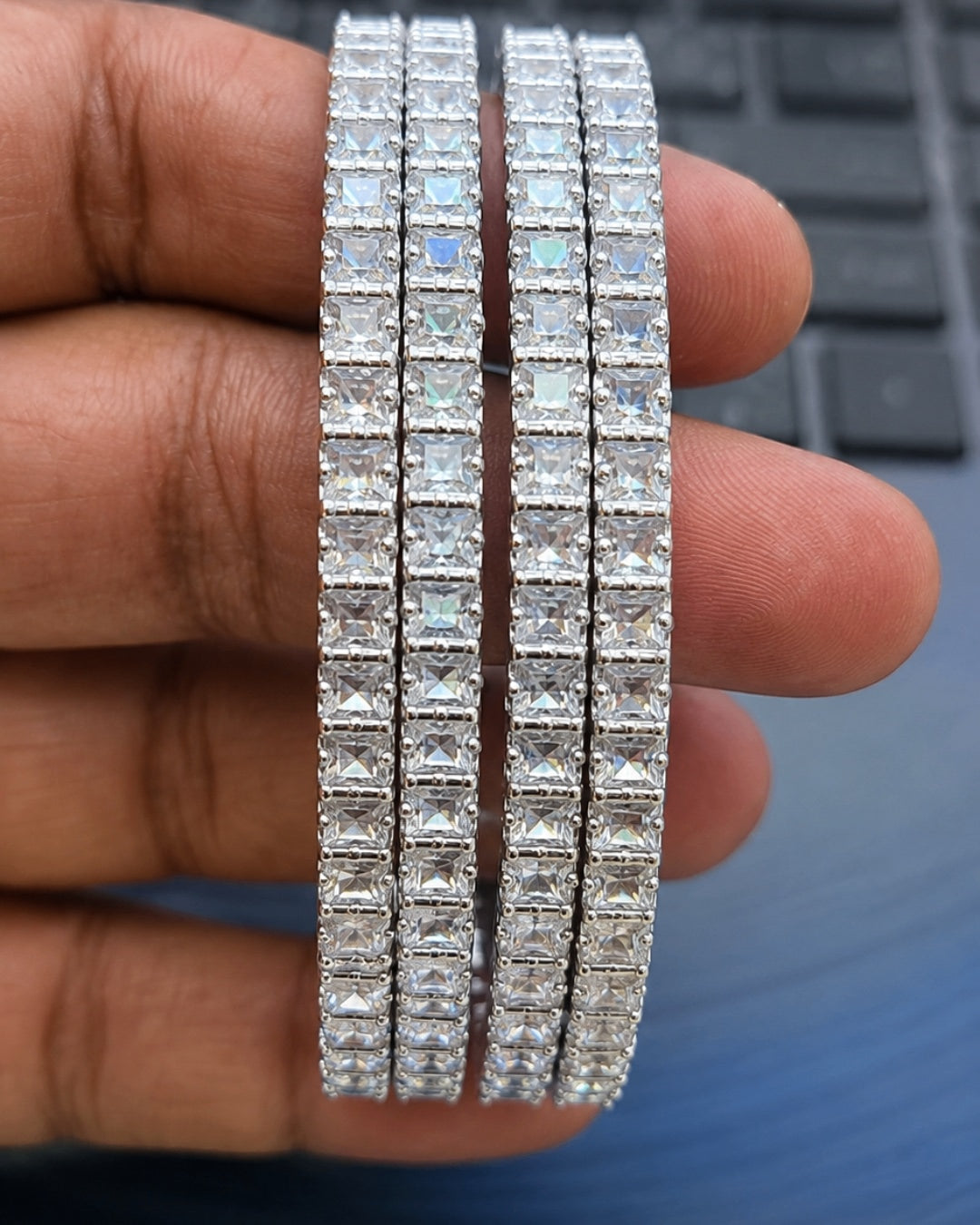 Luxury Silver Princess Cut Zircon Bangles Set of 4 | Premium Quality | CZ stone Bangles | American Diamond