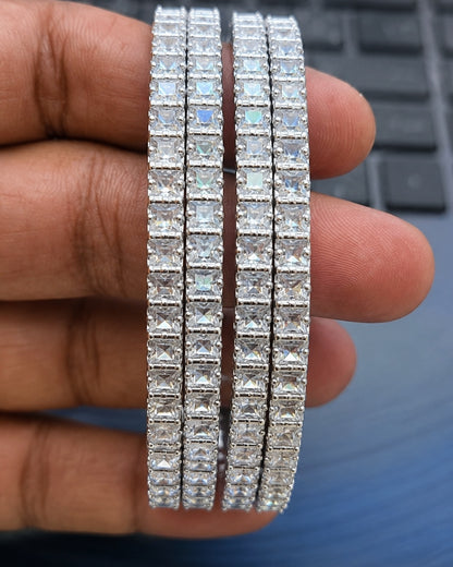 Luxury Silver Princess Cut Zircon Bangles Set of 4 | Premium Quality | CZ stone Bangles | American Diamond