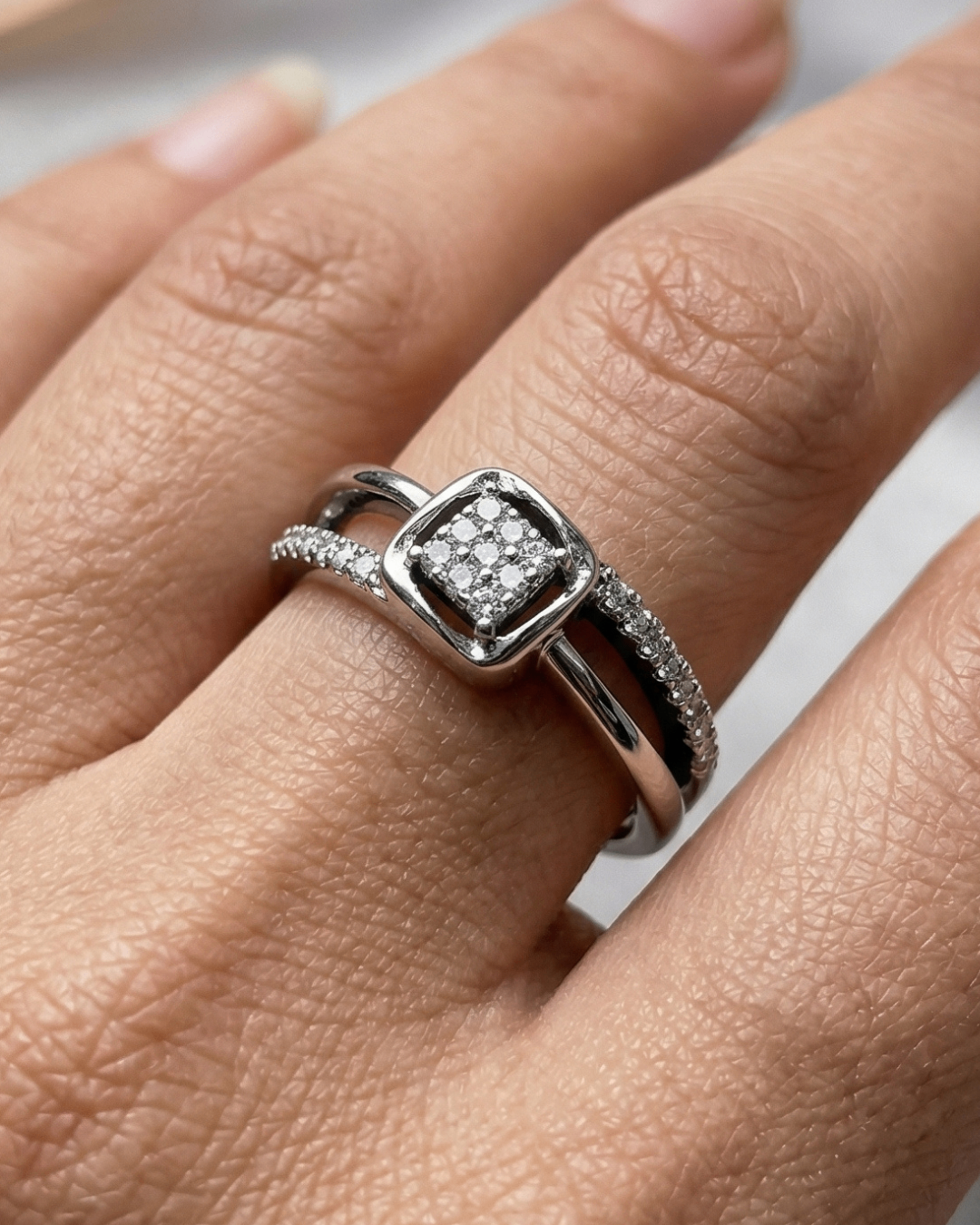 Modern Square Halo CZ Stone Ring in Silver Finish | Premium Quality | Adjustable Ring